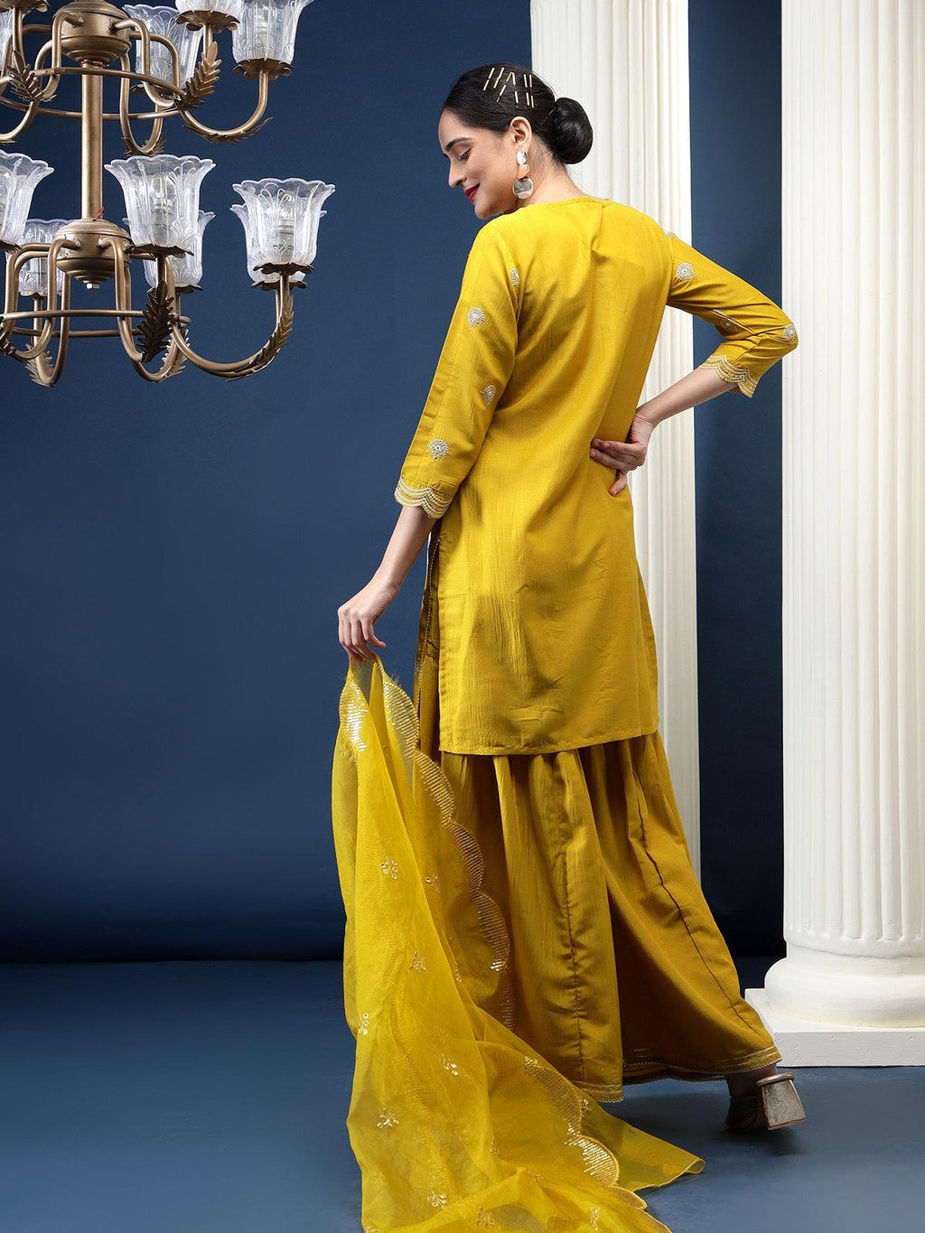 Rajwah Silk Women Mustard Embroidered Kurta Dupatta Set with Flared Palazzo