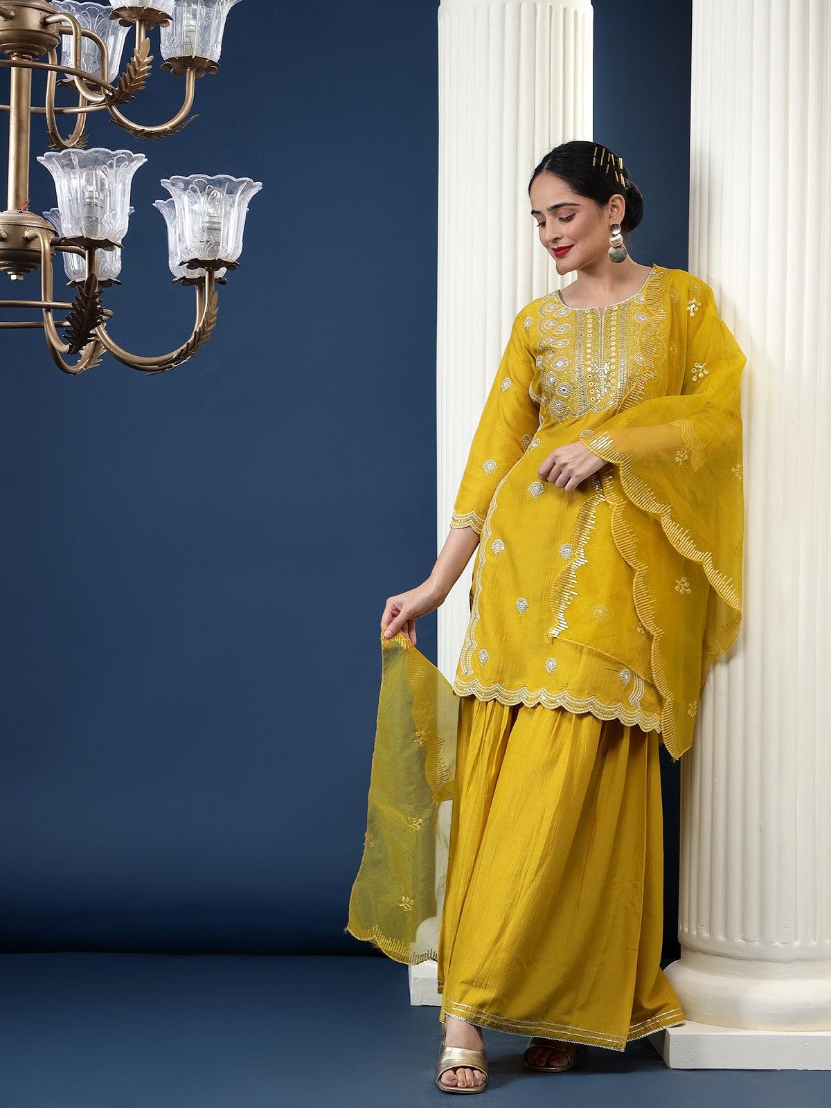 Rajwah Silk Women Mustard Embroidered Kurta Dupatta Set with Flared Palazzo