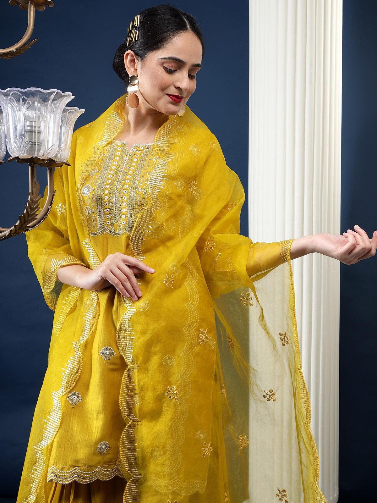 Rajwah Silk Women Mustard Embroidered Kurta Dupatta Set with Flared Palazzo