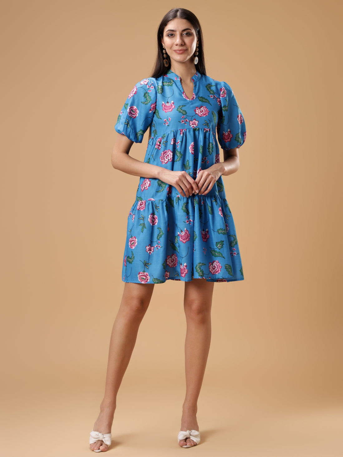 Womens Floral Printed Puff Sleeve Short Dress