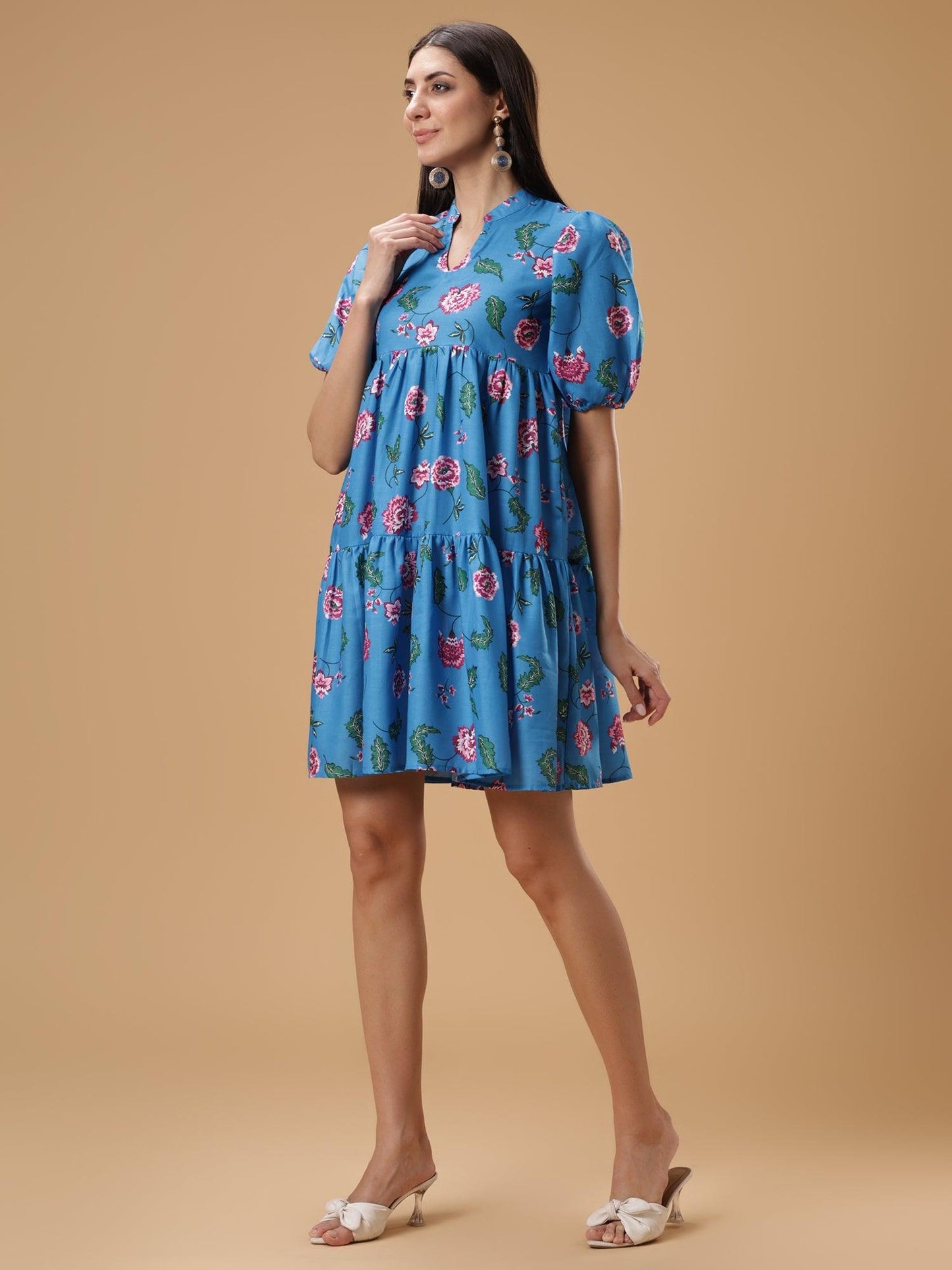 Womens Floral Printed Puff Sleeve Short Dress