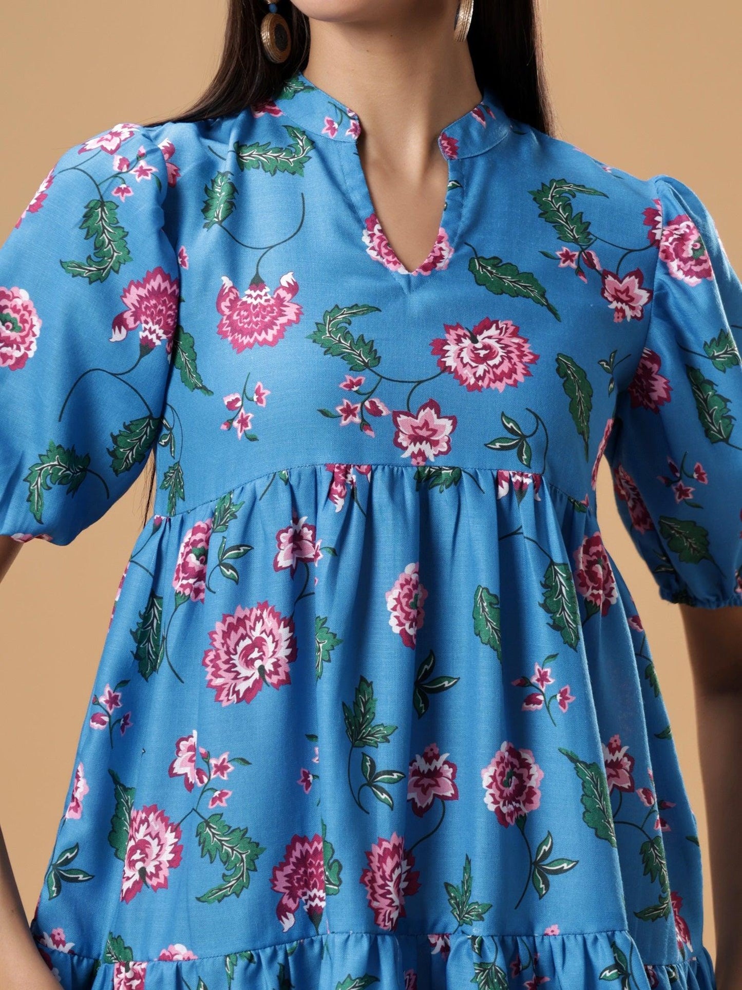 Womens Floral Printed Puff Sleeve Short Dress