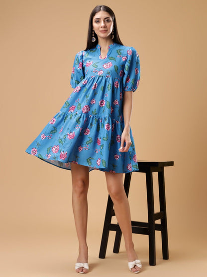 Womens Floral Printed Puff Sleeve Short Dress