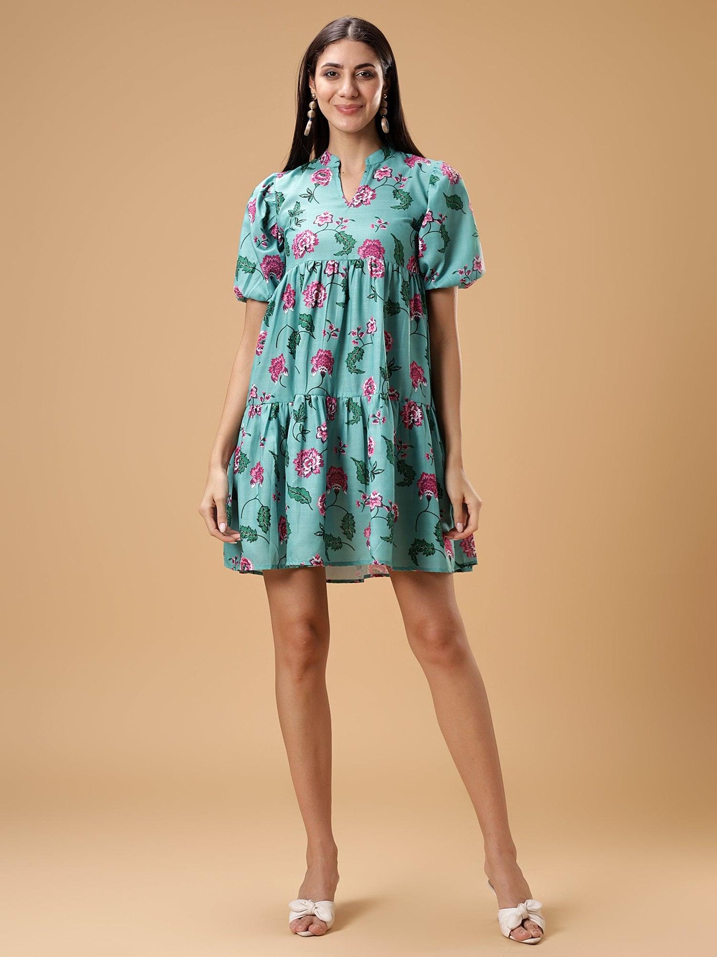 Womens Floral Printed Puff Sleeve Short Dress