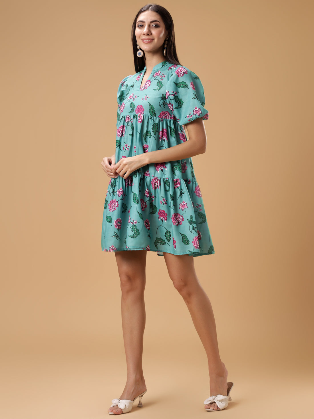 Womens Floral Printed Puff Sleeve Short Dress