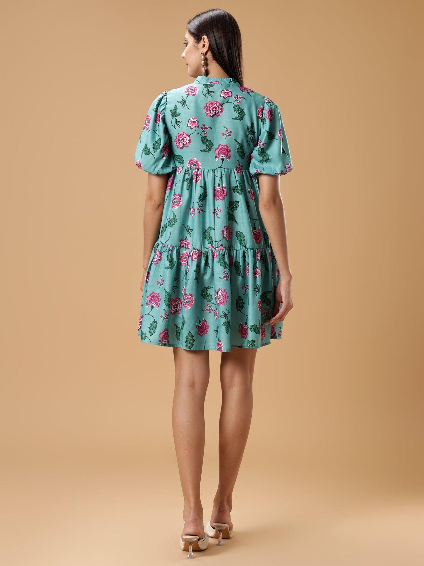 Womens Floral Printed Puff Sleeve Short Dress