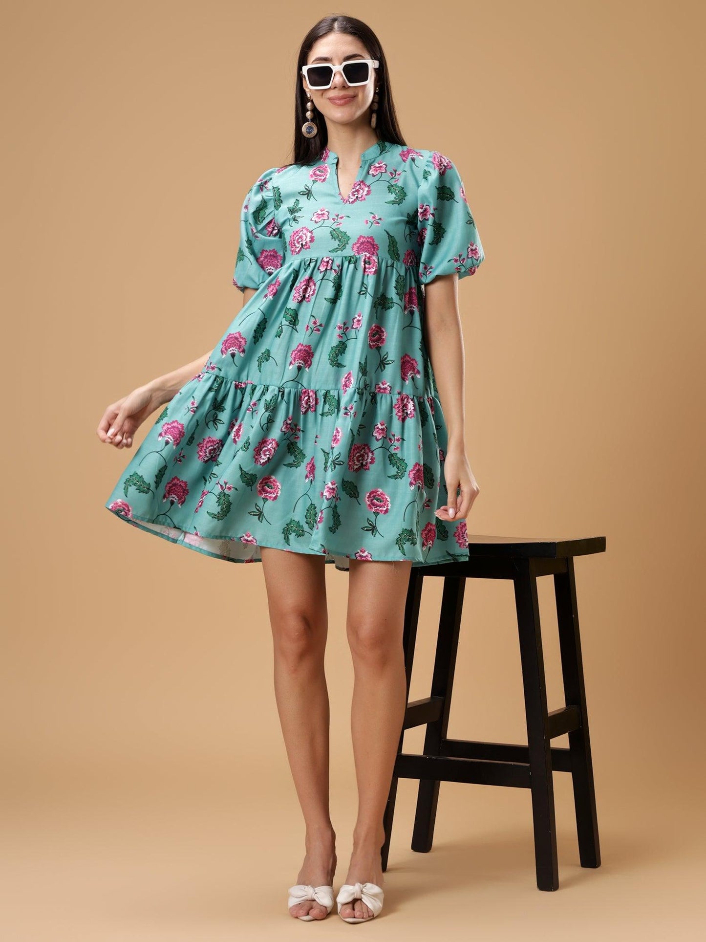 Womens Floral Printed Puff Sleeve Short Dress