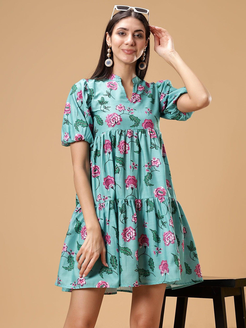 Womens Floral Printed Puff Sleeve Short Dress
