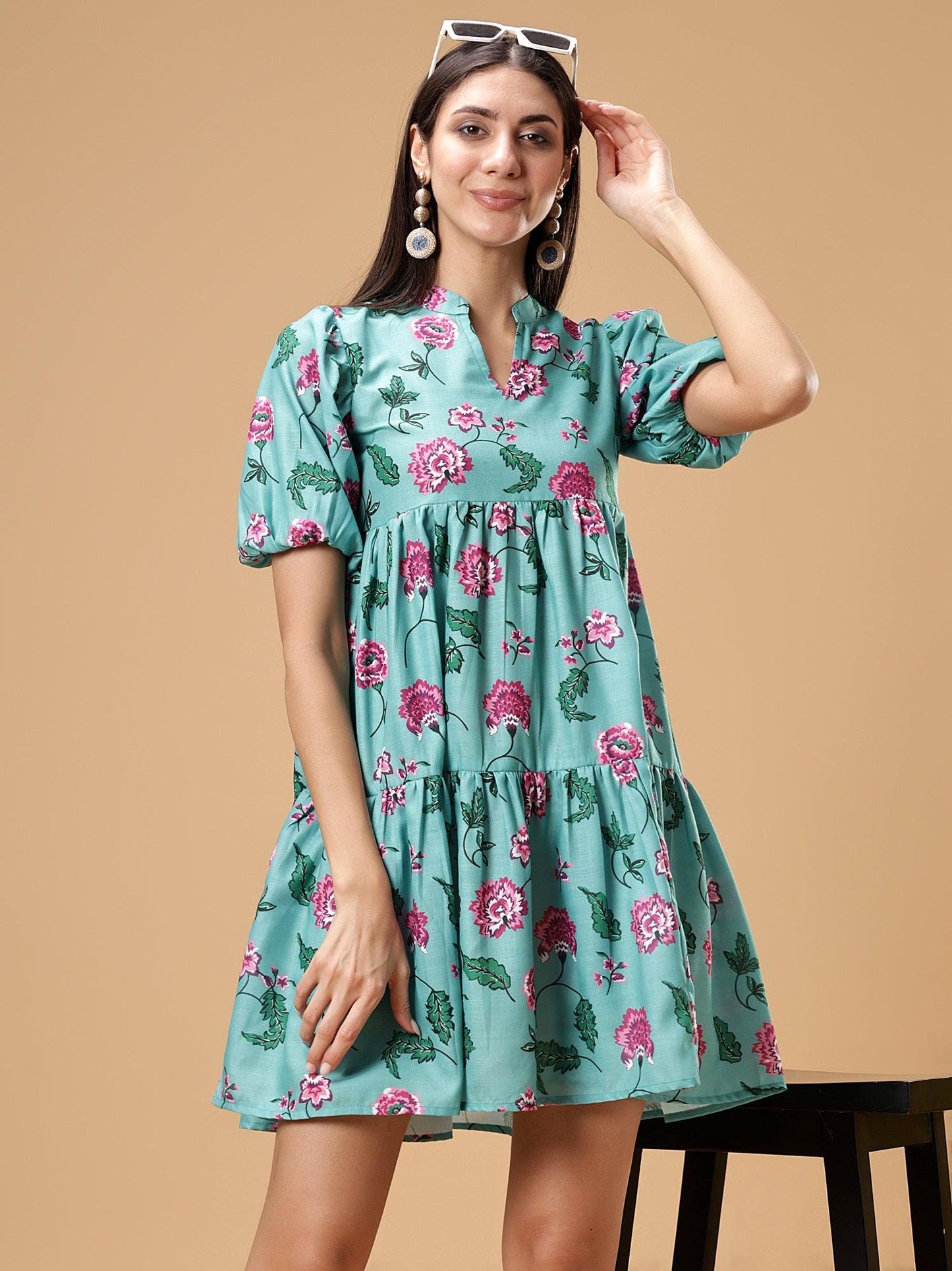 Womens Floral Printed Puff Sleeve Short Dress