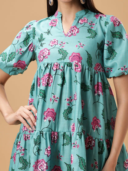 Womens Floral Printed Puff Sleeve Short Dress