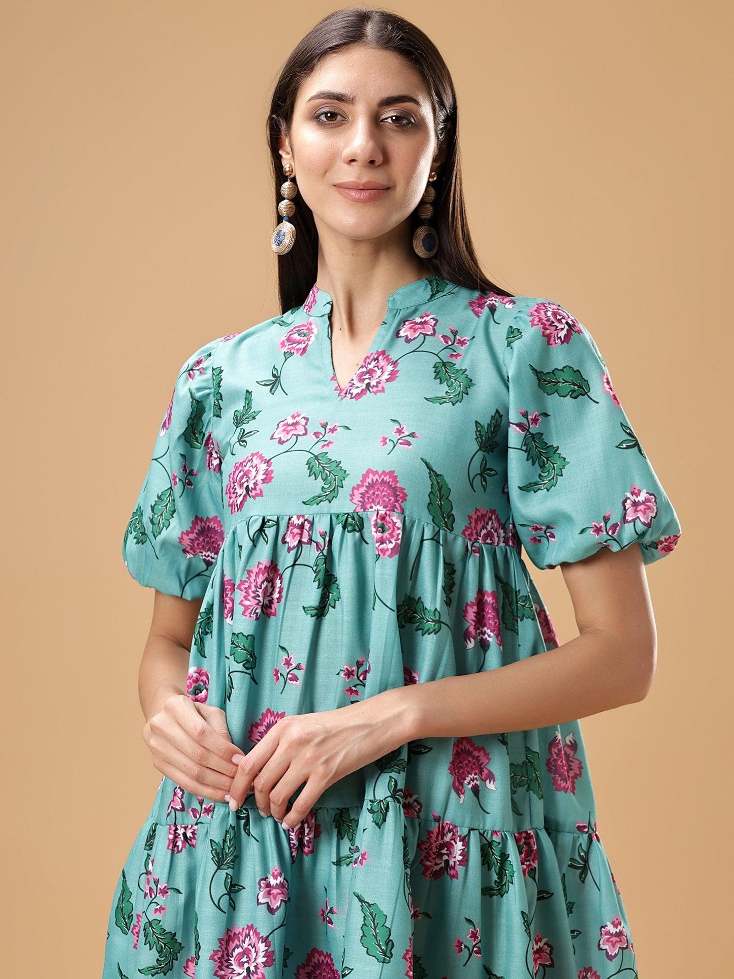 Womens Floral Printed Puff Sleeve Short Dress