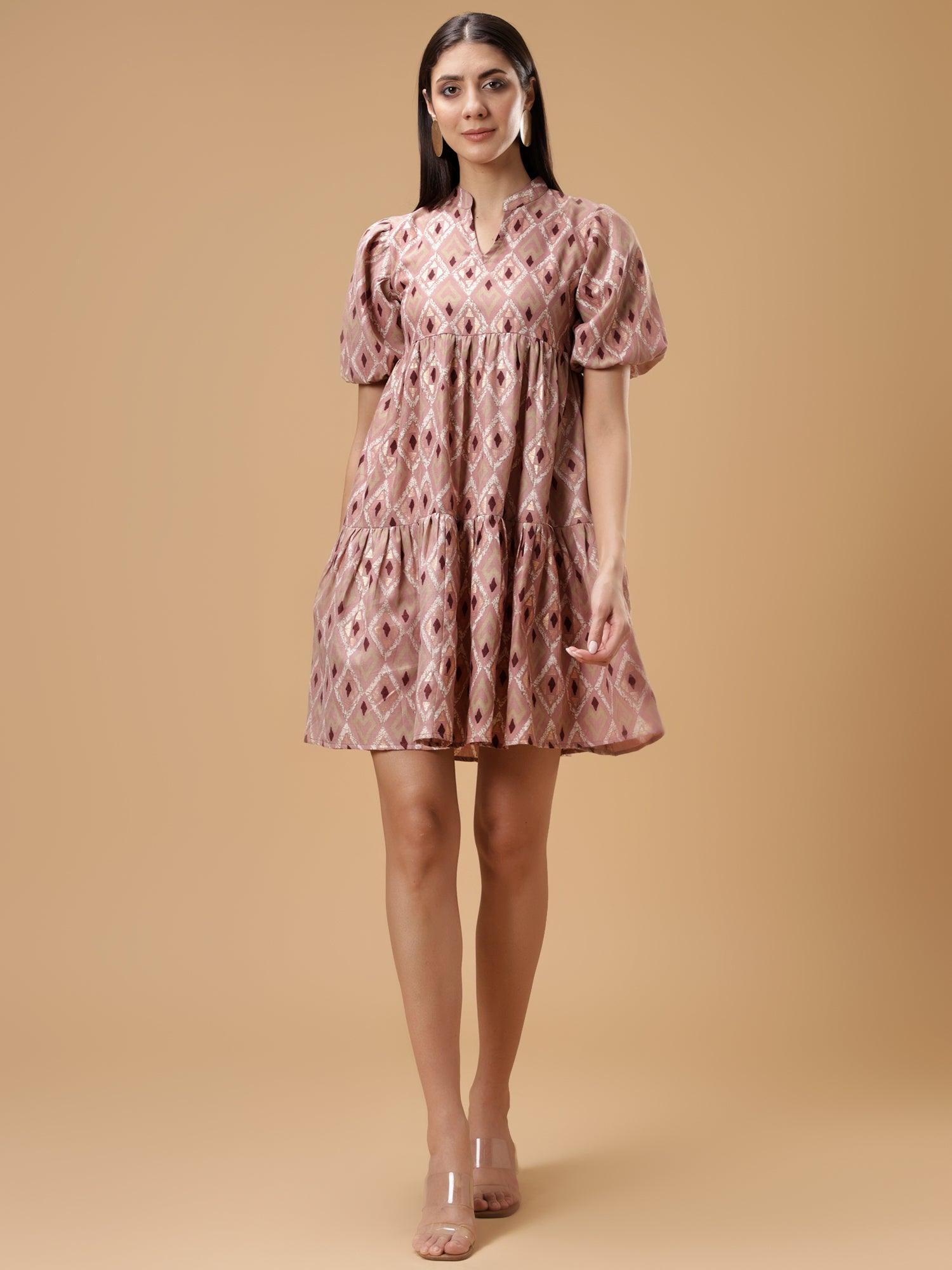 Printed Puff Sleeve Short Dress