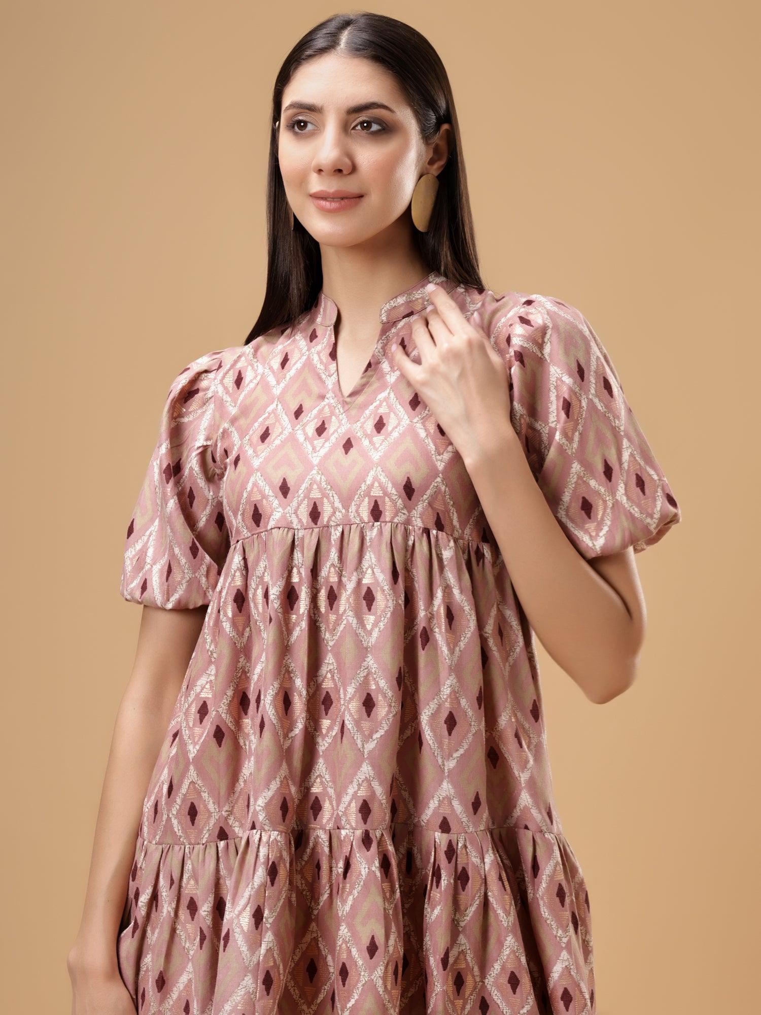 Printed Puff Sleeve Short Dress