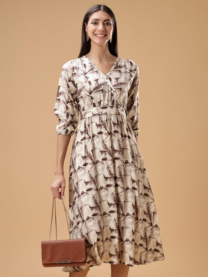 V-Neck Ethnic Printed A-Line Midi Dress