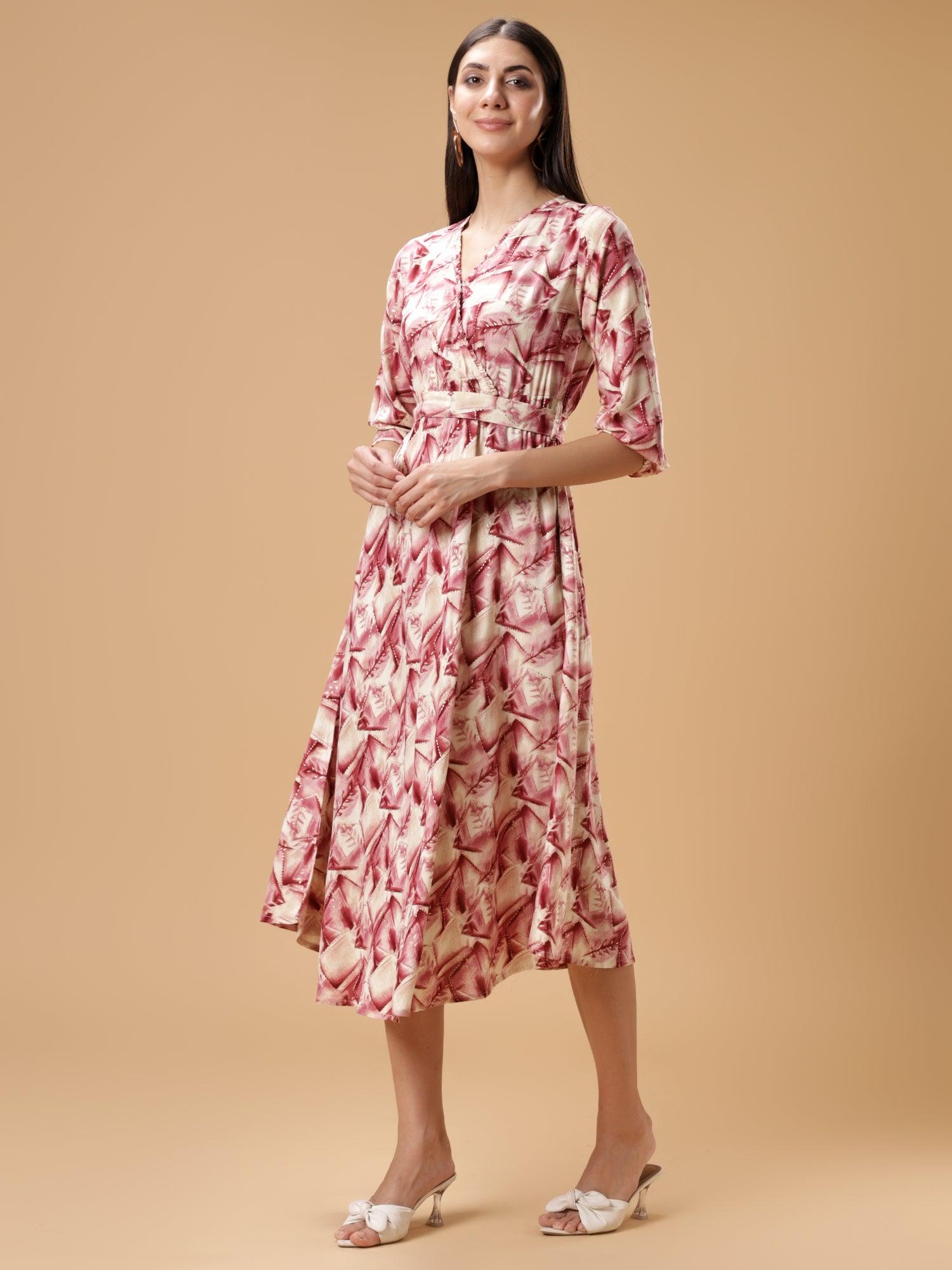 V-Neck Ethnic Printed A-Line Midi Dress