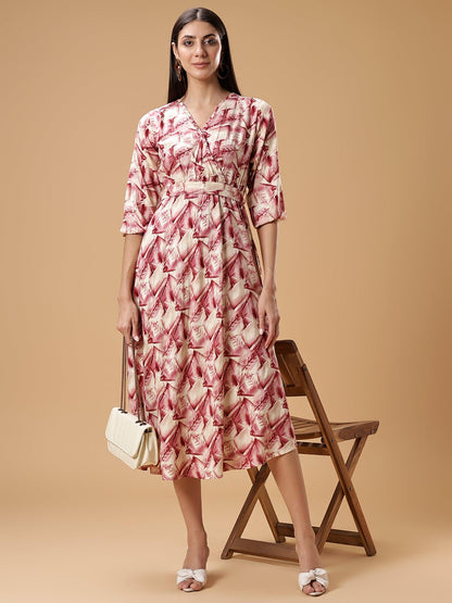 V-Neck Ethnic Printed A-Line Midi Dress