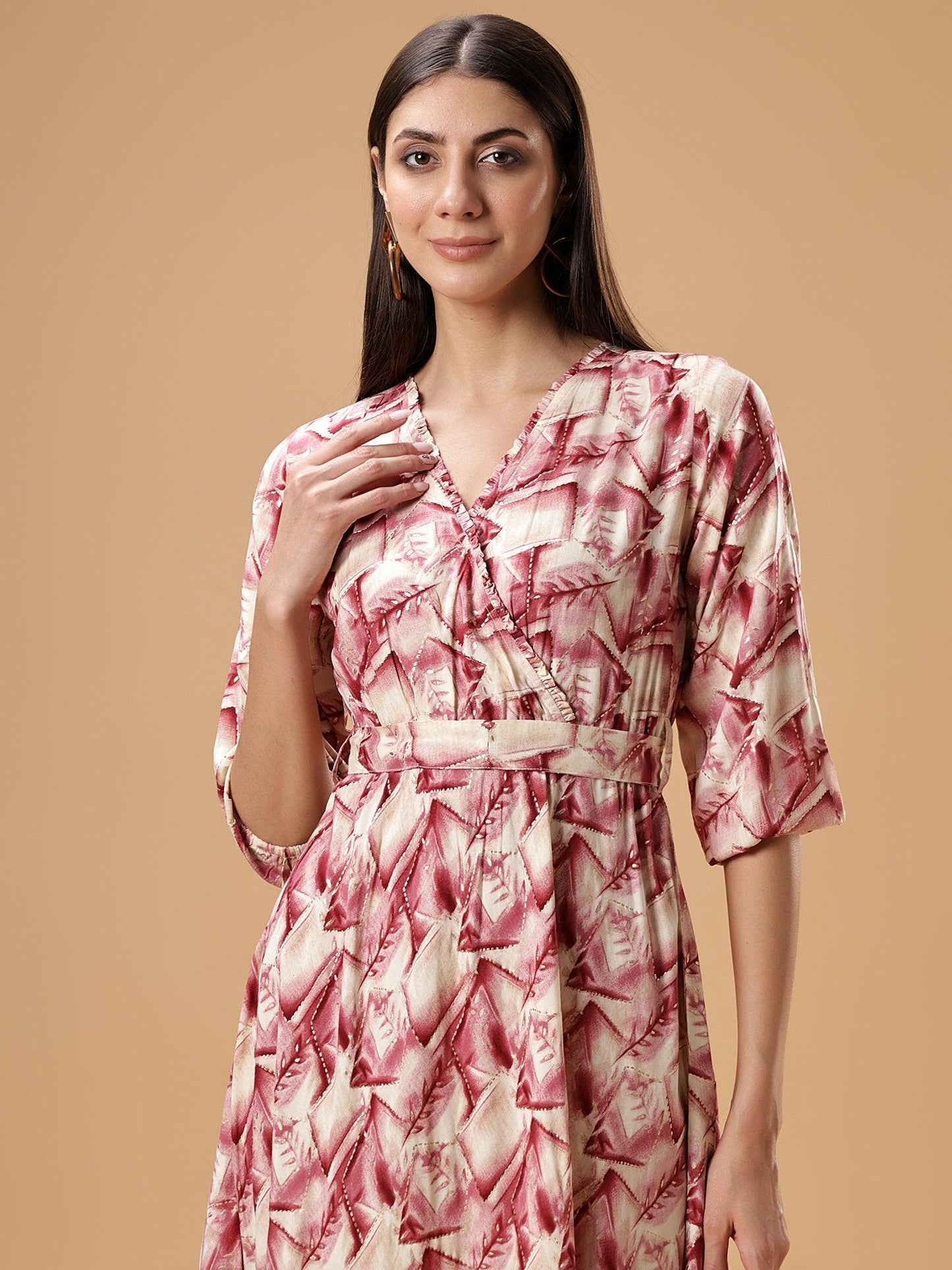 V-Neck Ethnic Printed A-Line Midi Dress