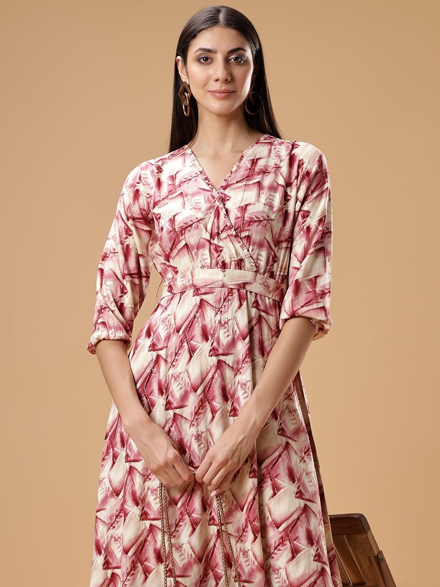 V-Neck Ethnic Printed A-Line Midi Dress