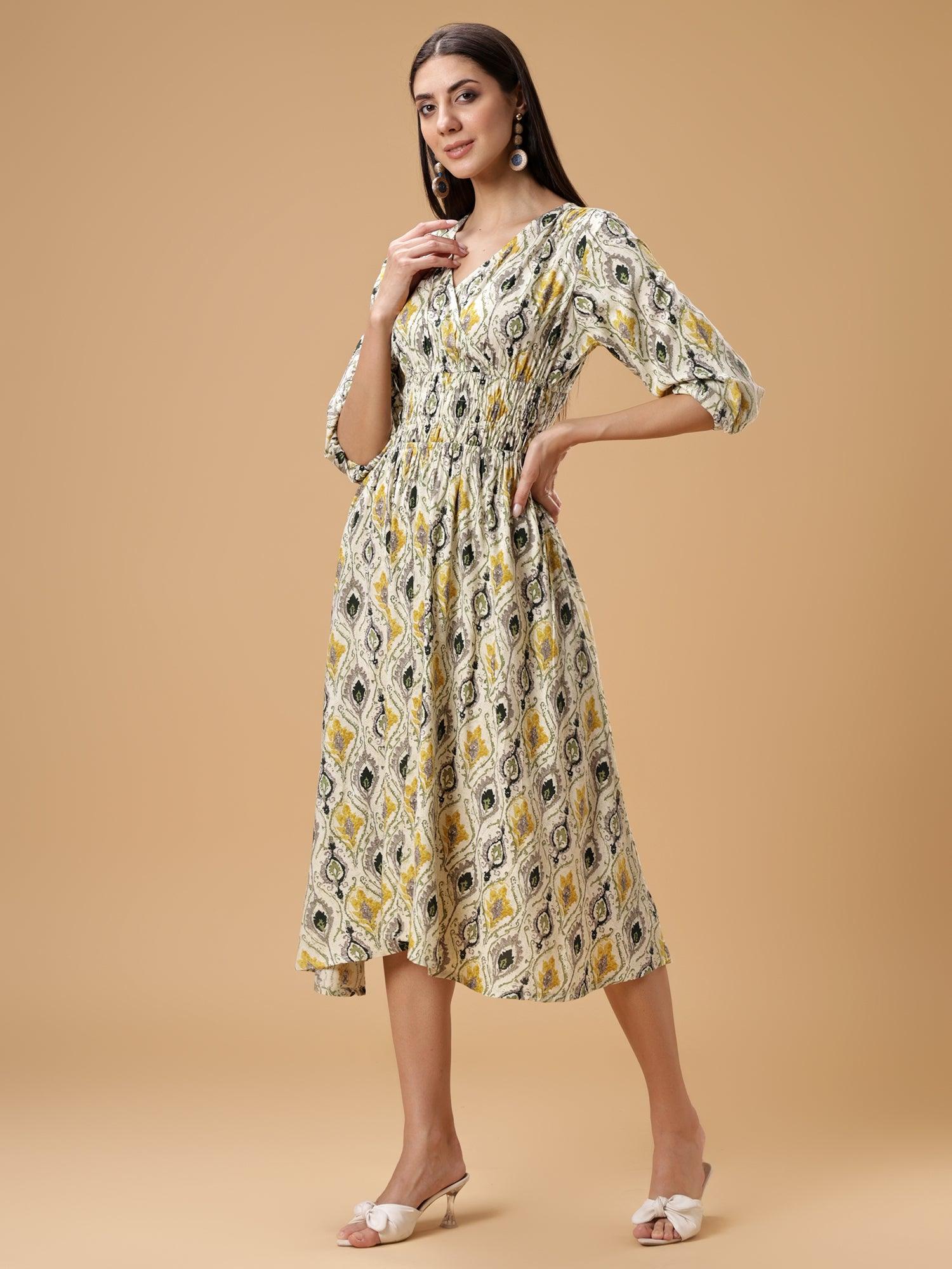 Ethnic Motifs Print Puff Sleeves Smocked Liva Fit & Flare Midi Dress