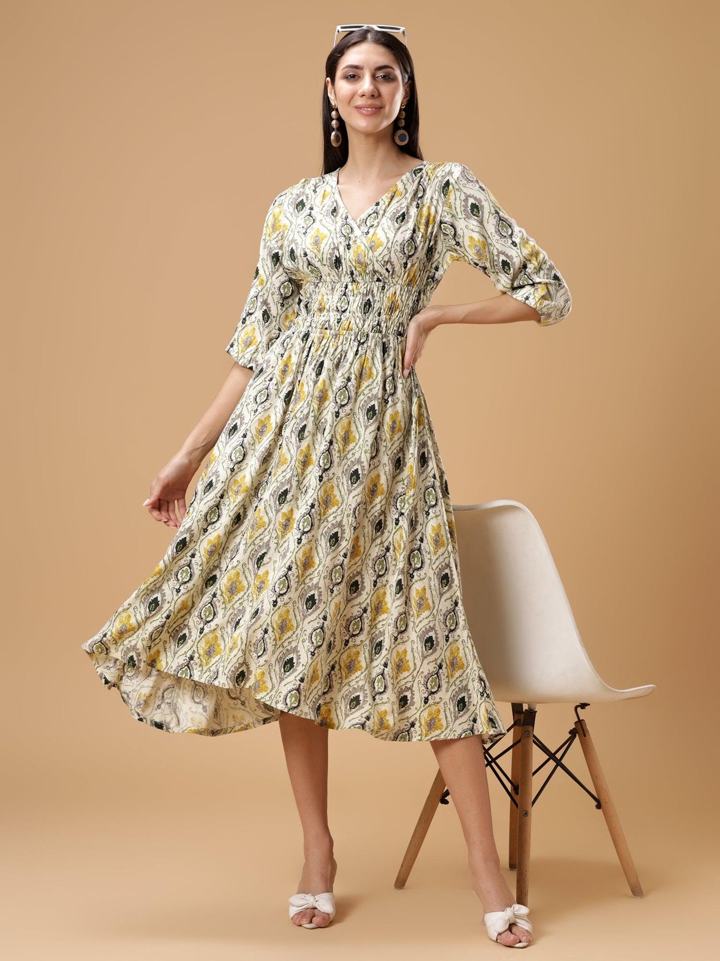 Ethnic Motifs Print Puff Sleeves Smocked Liva Fit & Flare Midi Dress