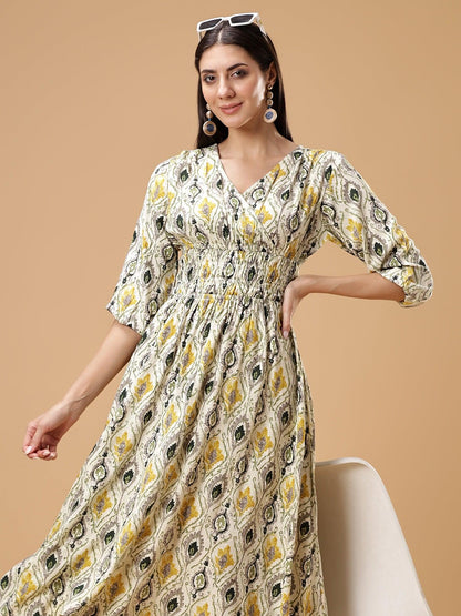 Ethnic Motifs Print Puff Sleeves Smocked Liva Fit & Flare Midi Dress