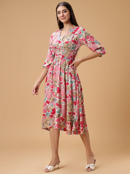 Womens Printed Fit & Flare Midi Dress