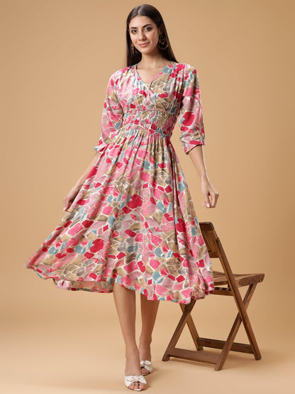 Womens Printed Fit & Flare Midi Dress