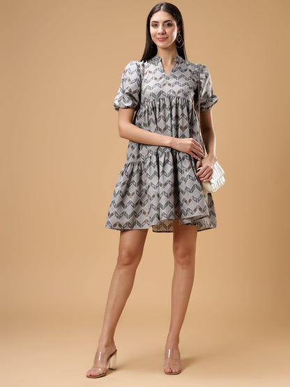 ZIG ZAG Printed Puff Sleeve Short Dress