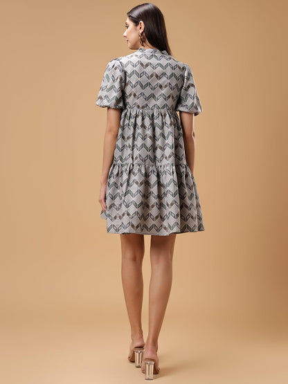 ZIG ZAG Printed Puff Sleeve Short Dress