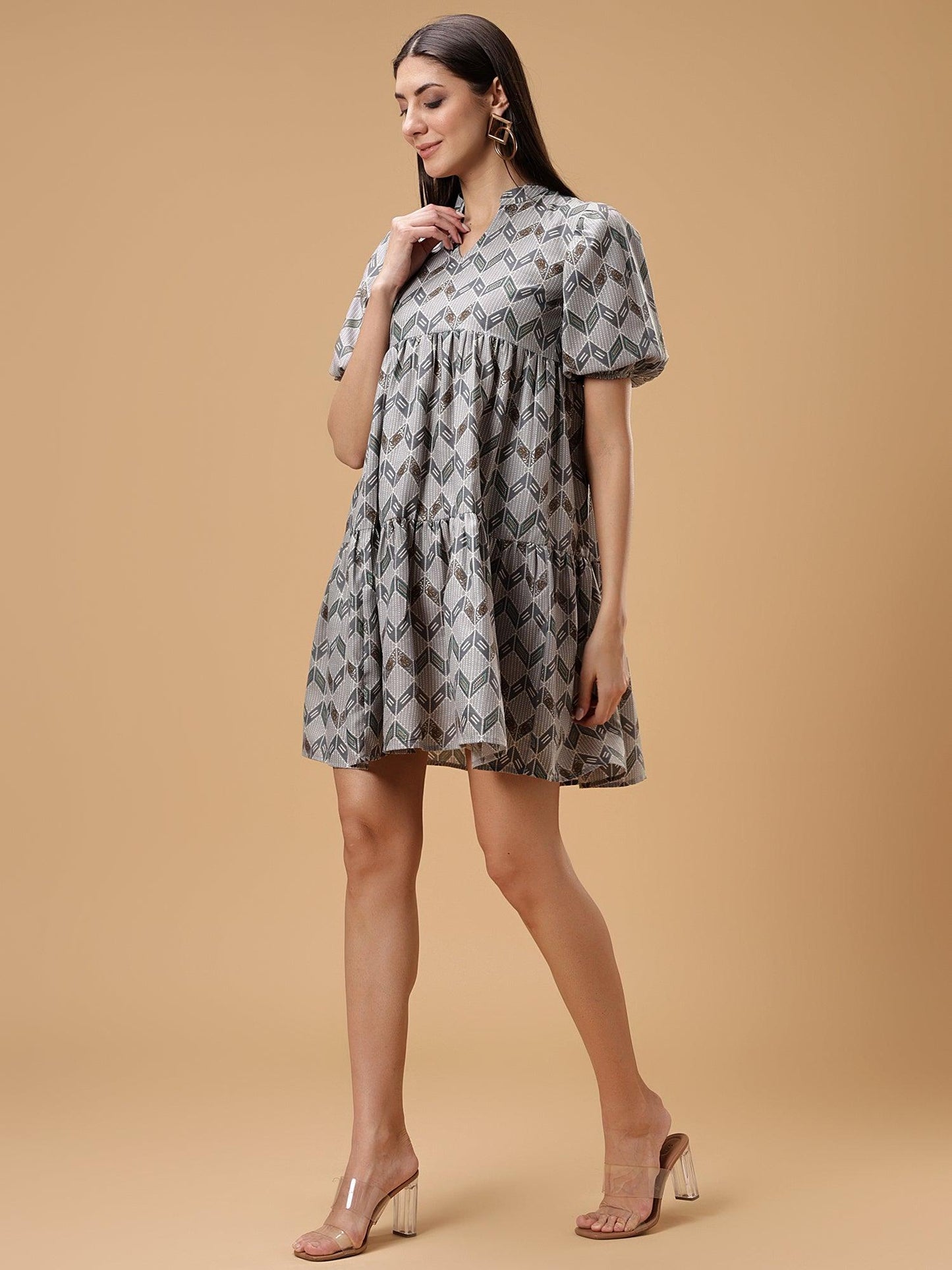 ZIG ZAG Printed Puff Sleeve Short Dress