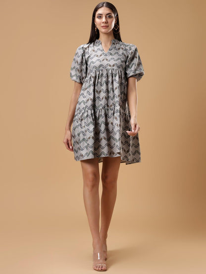 ZIG ZAG Printed Puff Sleeve Short Dress