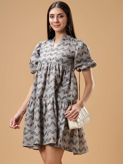 ZIG ZAG Printed Puff Sleeve Short Dress