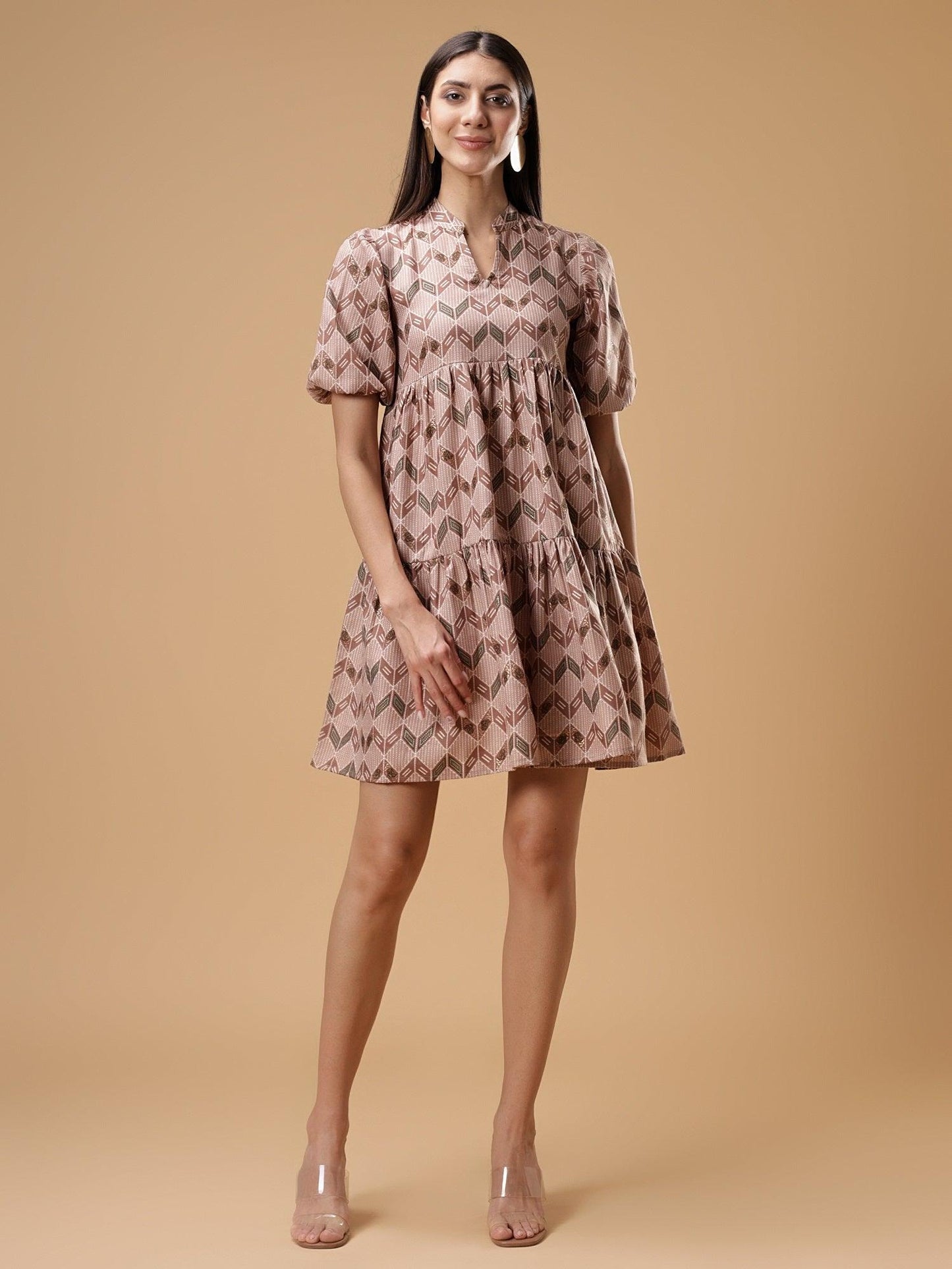 ZIG ZAG Printed Puff Sleeve Short Dress