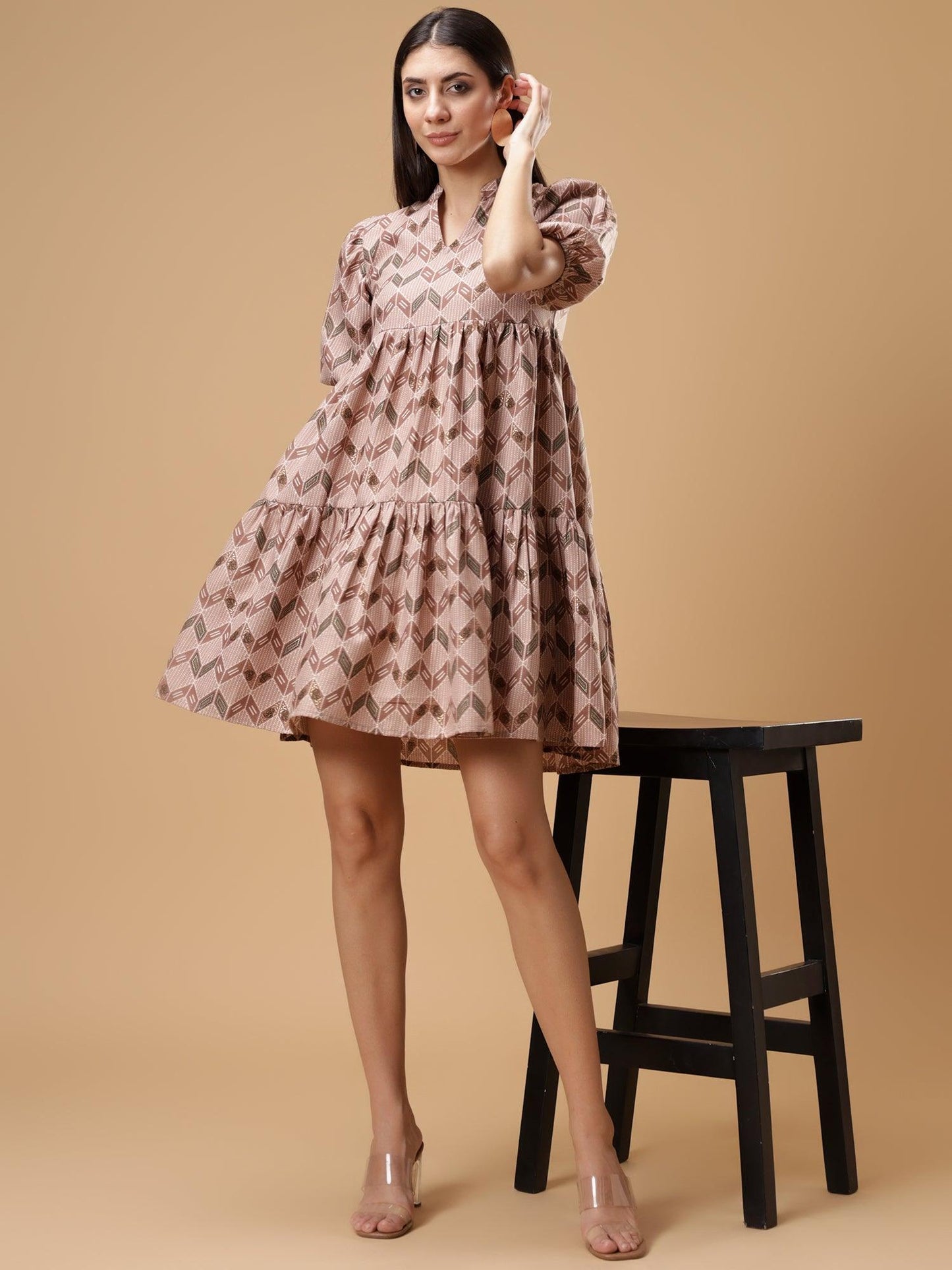 ZIG ZAG Printed Puff Sleeve Short Dress