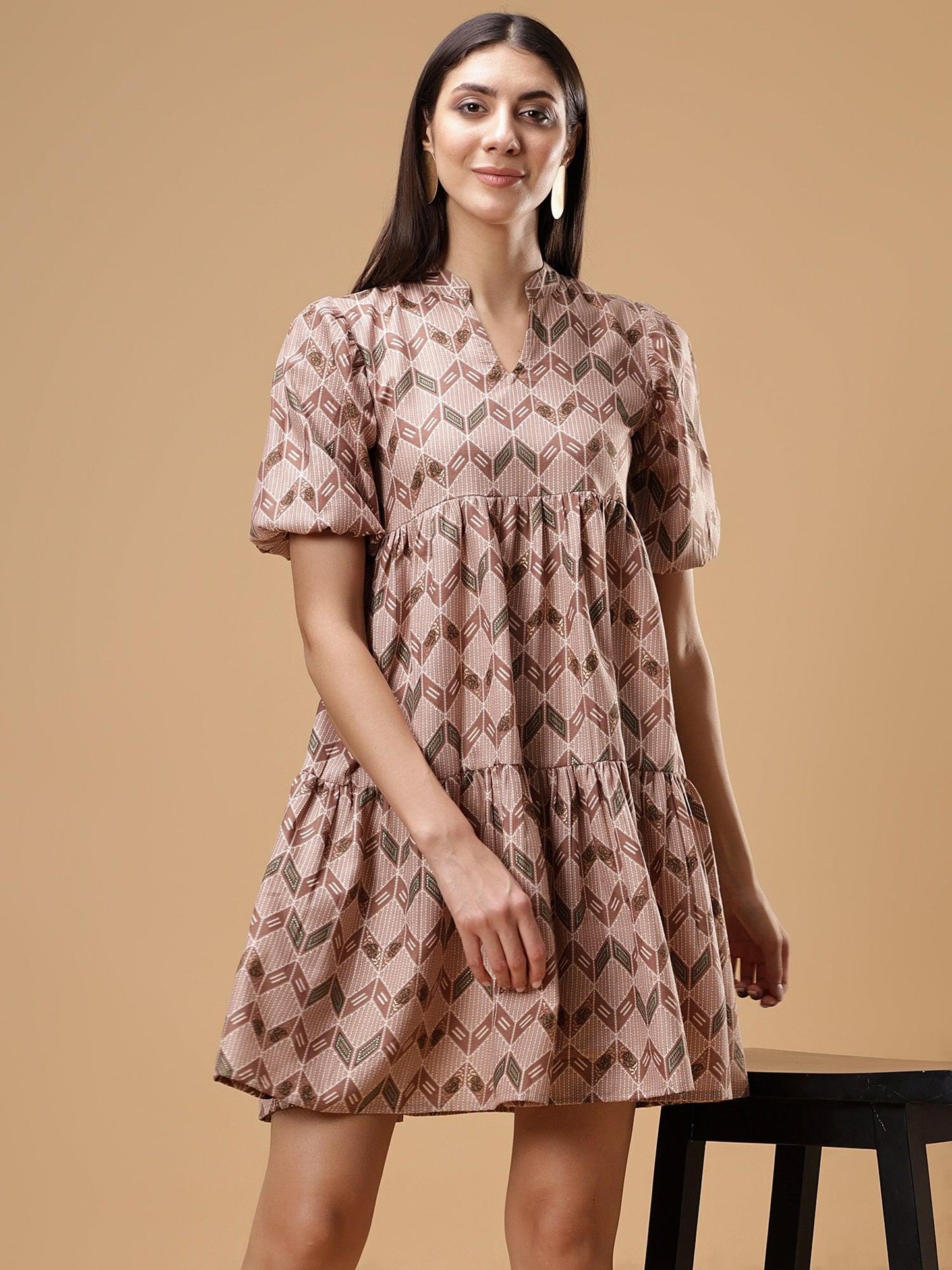 ZIG ZAG Printed Puff Sleeve Short Dress