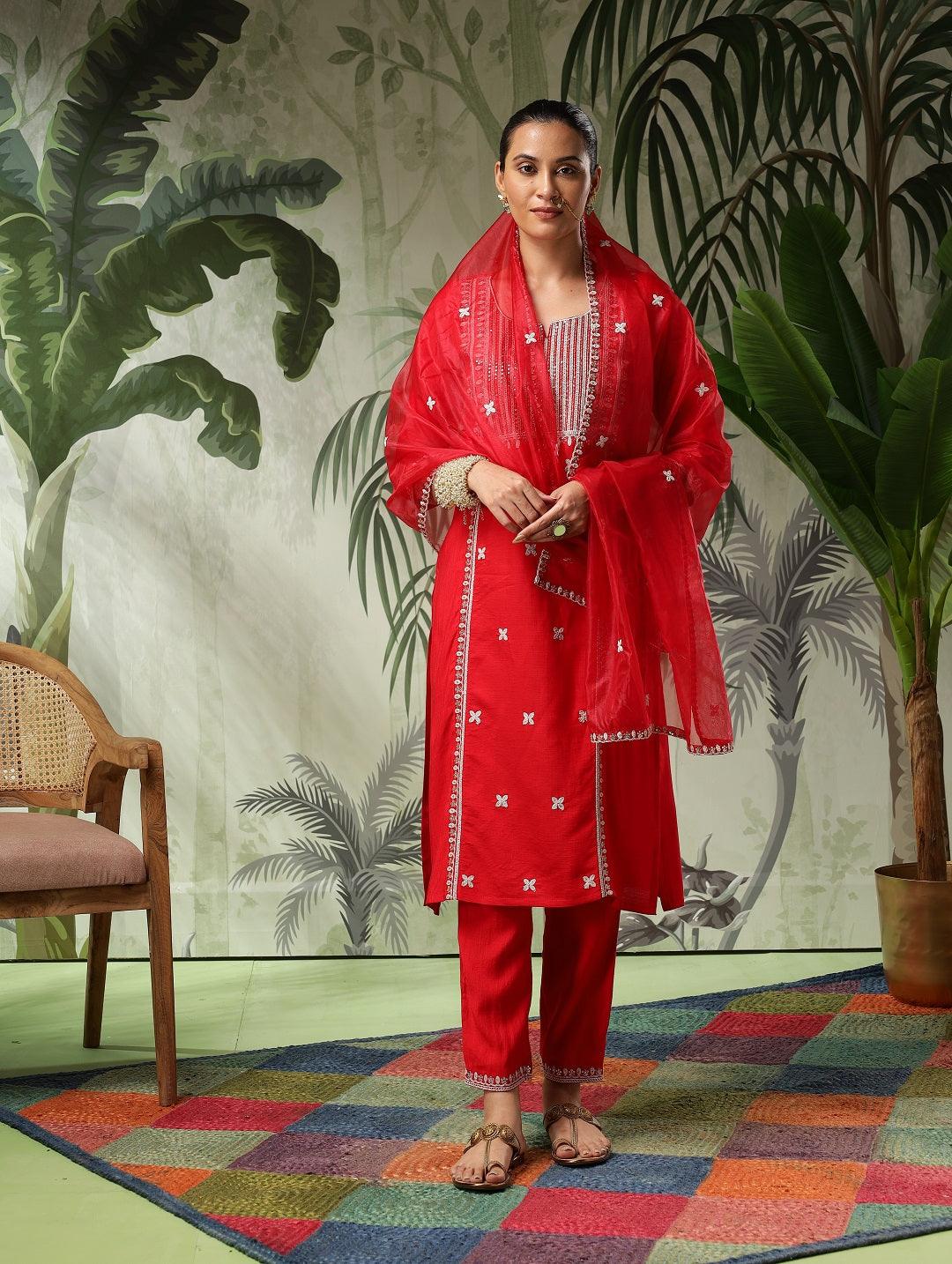 Trisha Red Muslin Embroidered Kurta Set with Dupatta