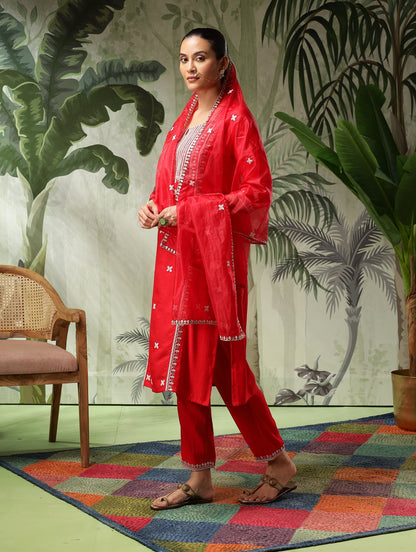 Trisha Red Muslin Embroidered Kurta Set with Dupatta