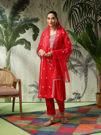 Trisha Red Muslin Embroidered Kurta Set with Dupatta