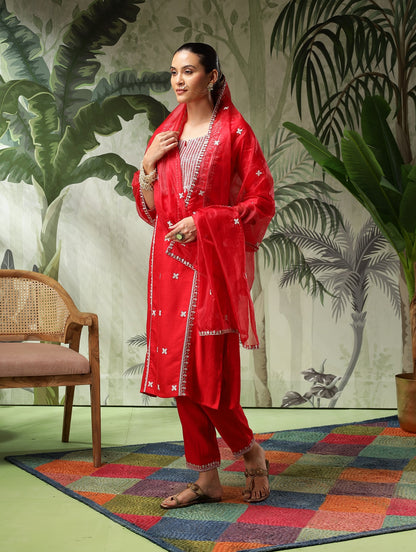 Trisha Red Muslin Embroidered Kurta Set with Dupatta