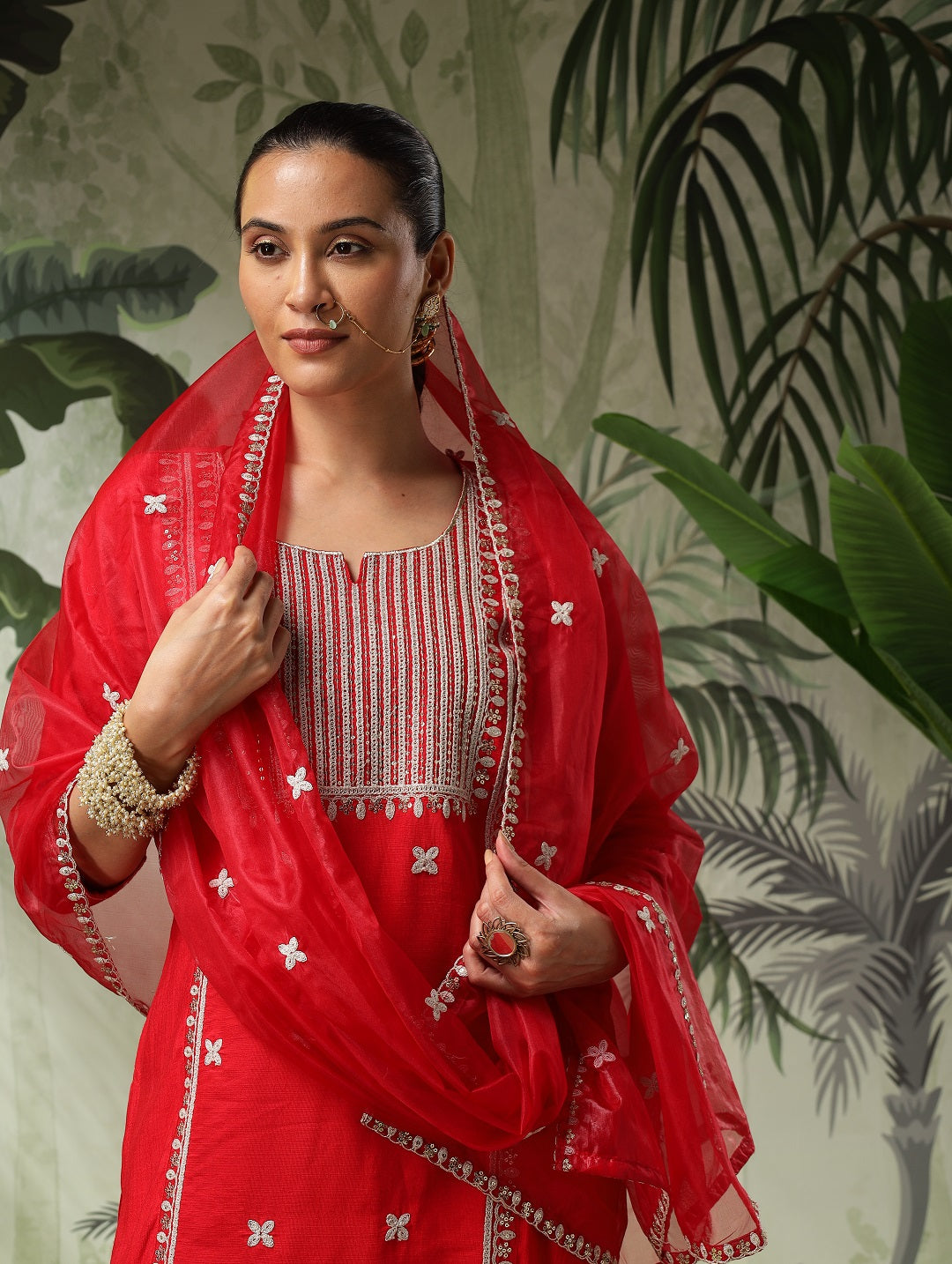 Trisha Red Muslin Embroidered Kurta Set with Dupatta