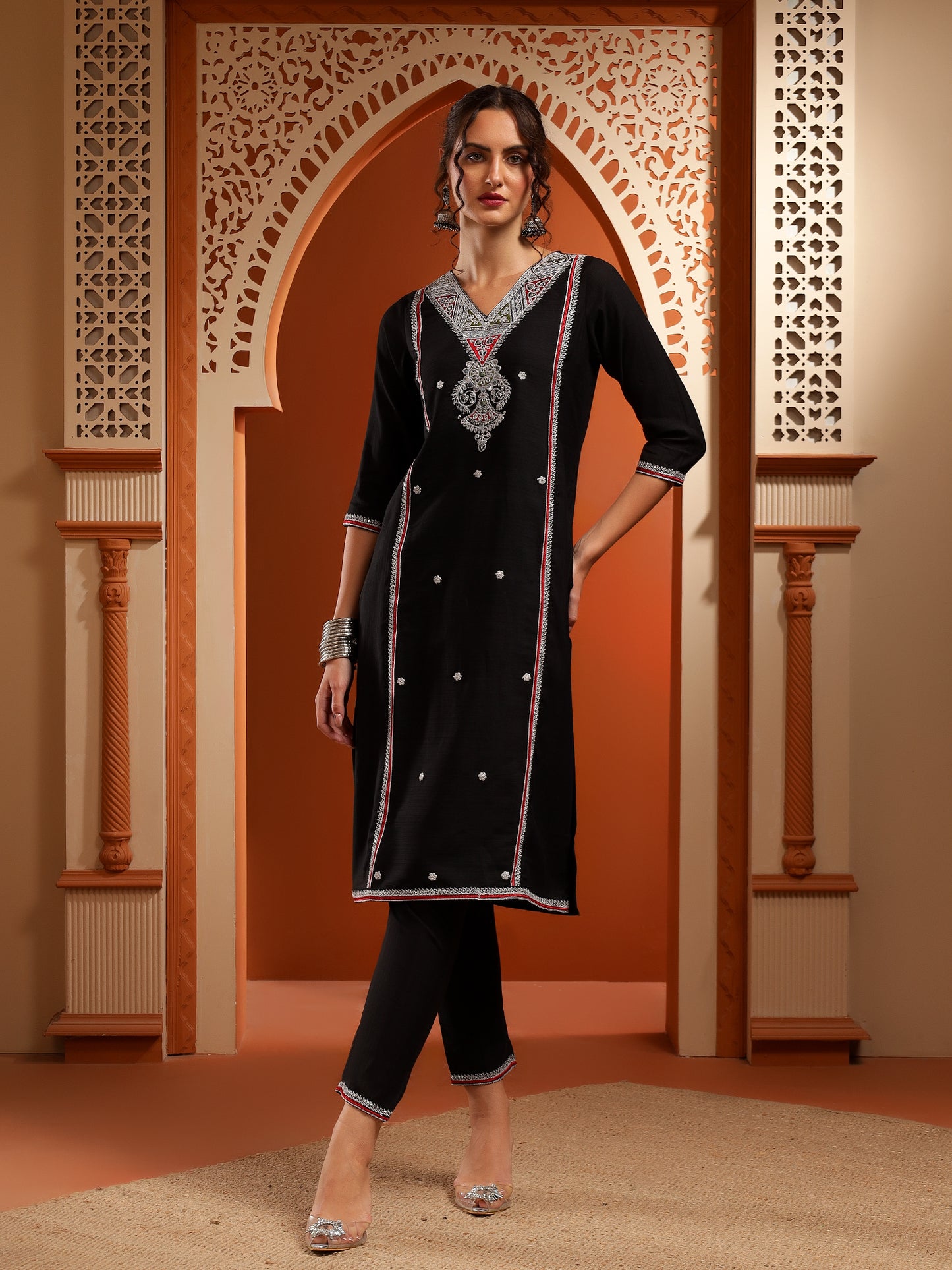 Kesar Muslin Black Embroidered Straight Kurta Set With Dupatta