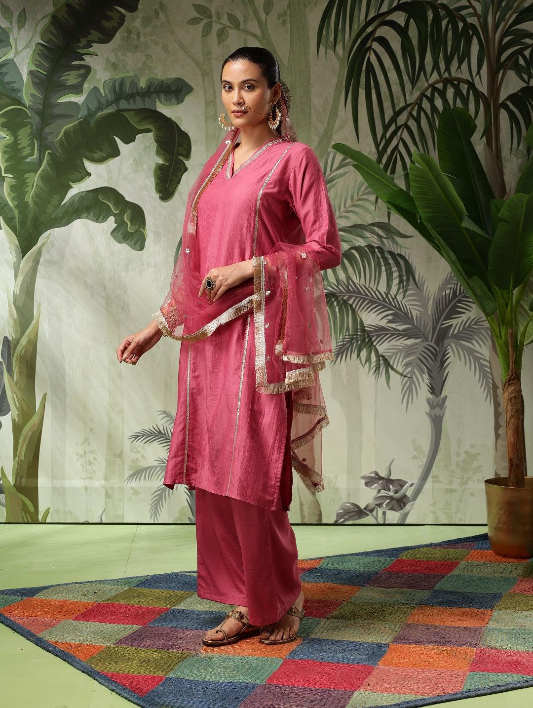 Chandni Muslin Pink Embroidered Kurta Set