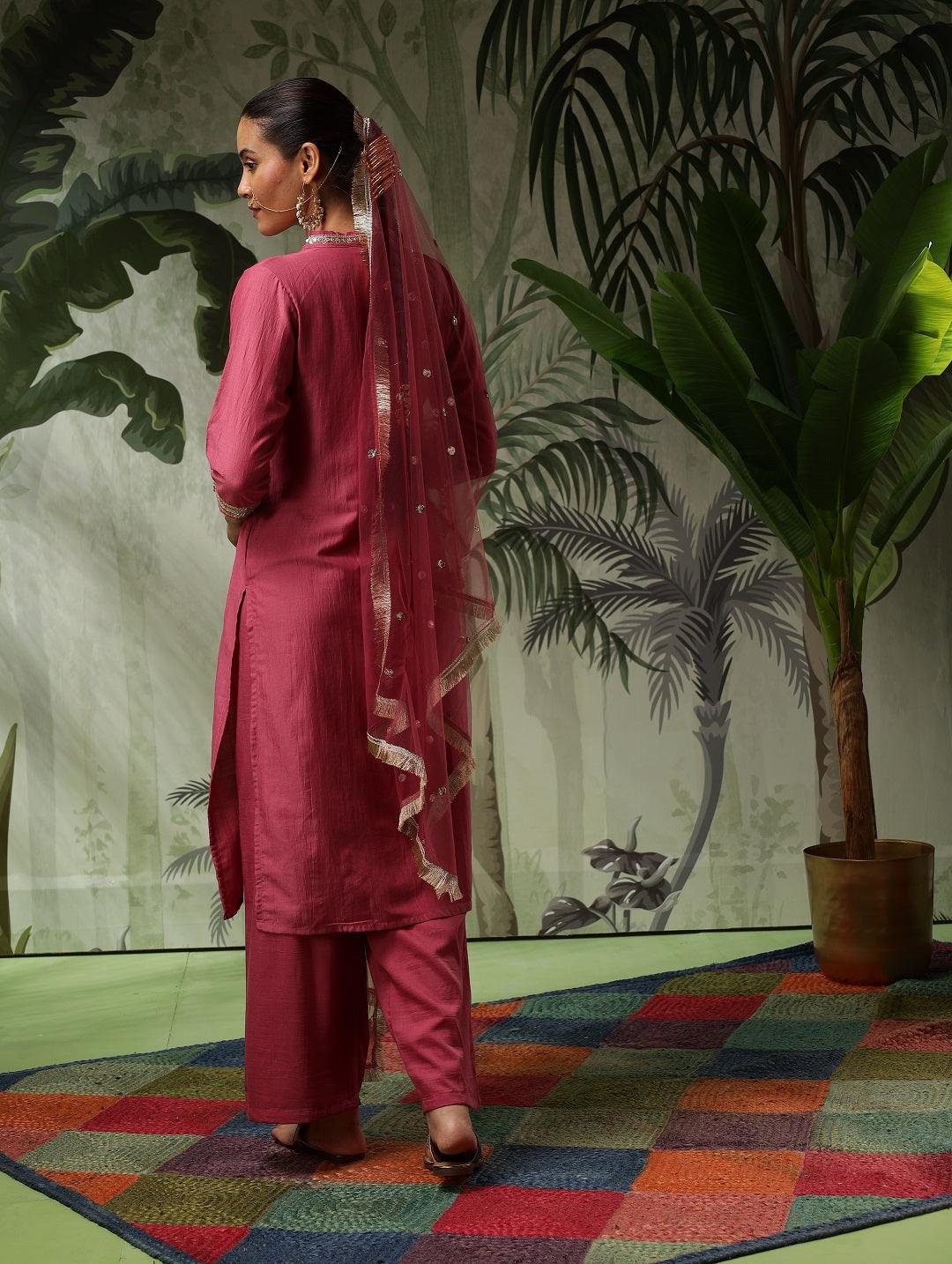 Chandni Muslin Pink Embroidered Kurta Set