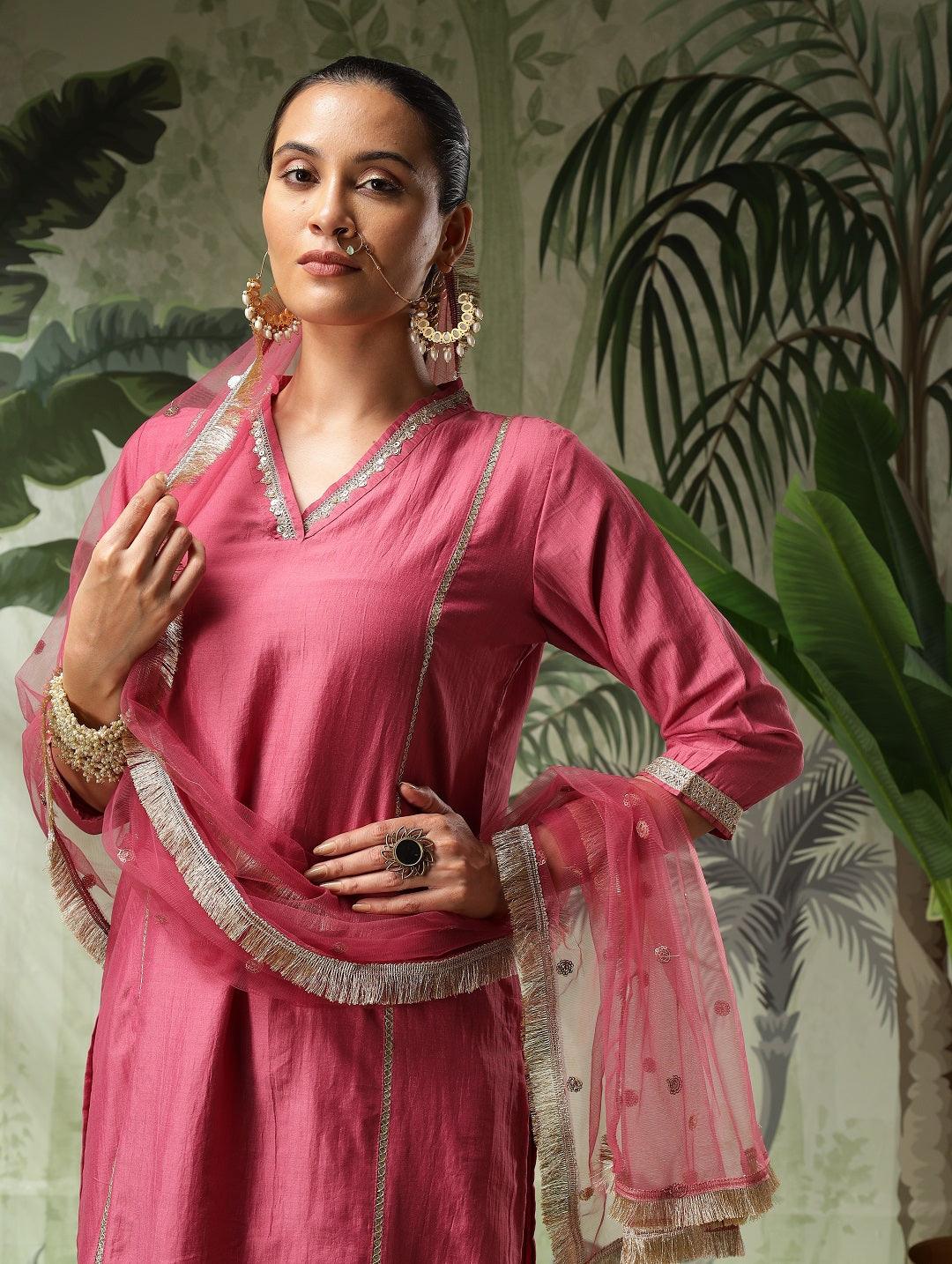 Chandni Muslin Pink Embroidered Kurta Set