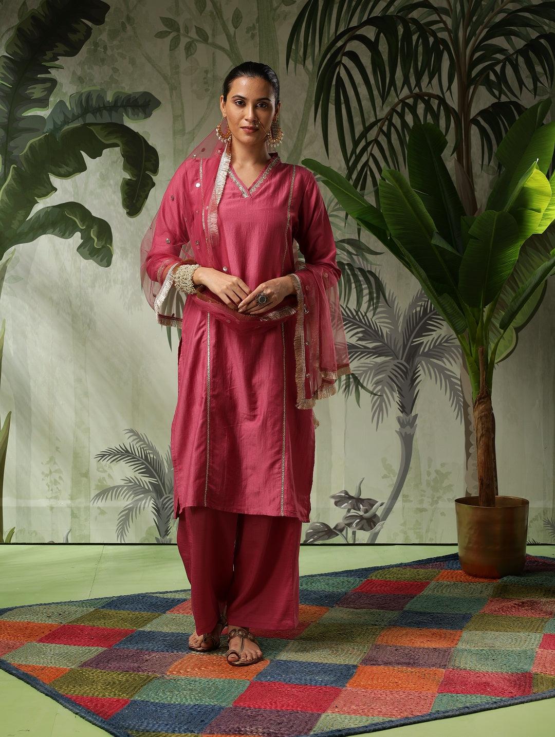 Chandni Muslin Pink Embroidered Kurta Set