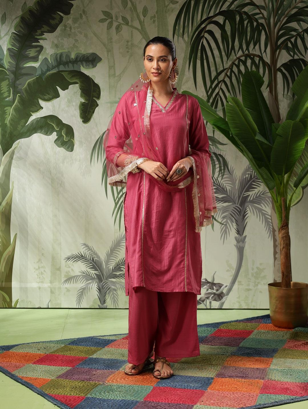 Chandni Muslin Pink Embroidered Kurta Set