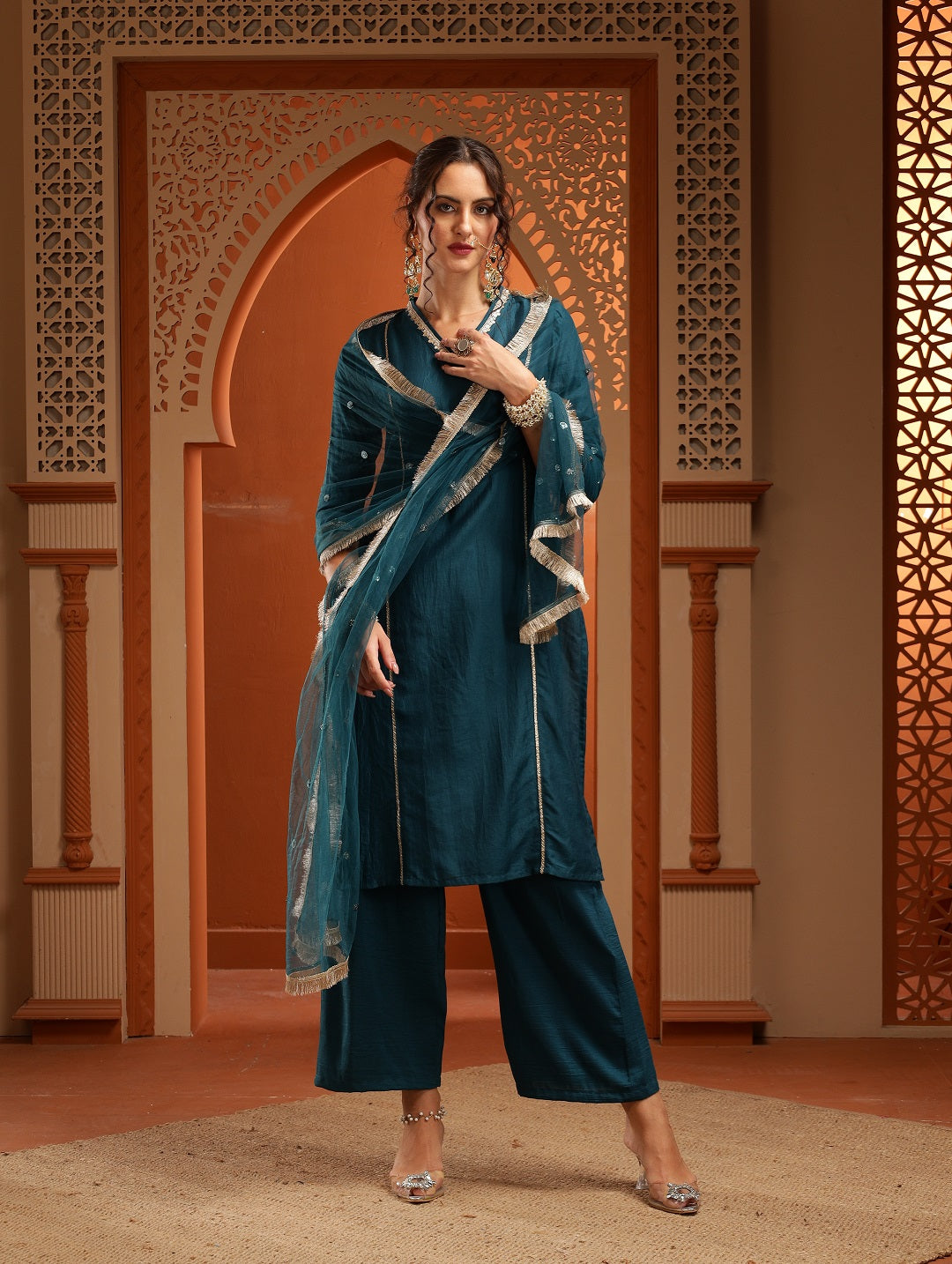 Chandni Teal Green Muslin Embroidered Kurta Set