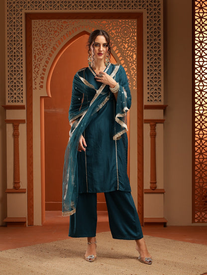 Chandni Teal Green Muslin Embroidered Kurta Set