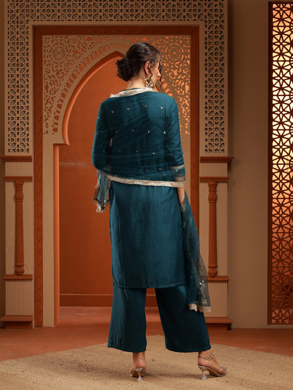 Chandni Teal Green Muslin Embroidered Kurta Set