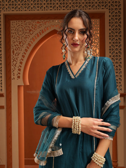 Chandni Teal Green Muslin Embroidered Kurta Set